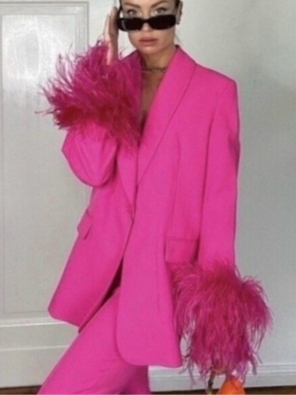 Zara Bright Fuchsia Feather-Cuff Blazer